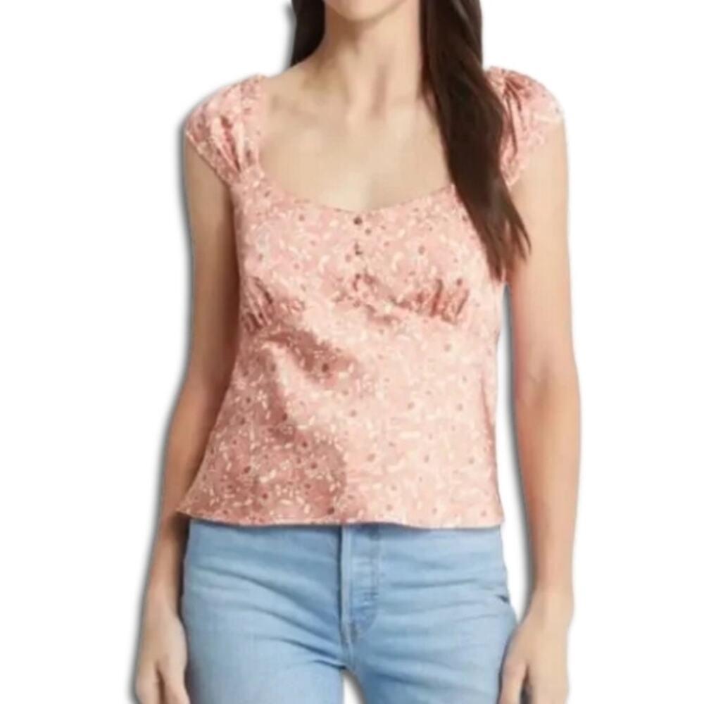 Treasure & Bond Satin Blouse Side Zip Closure Square Neckline Floral Pink S NWOT